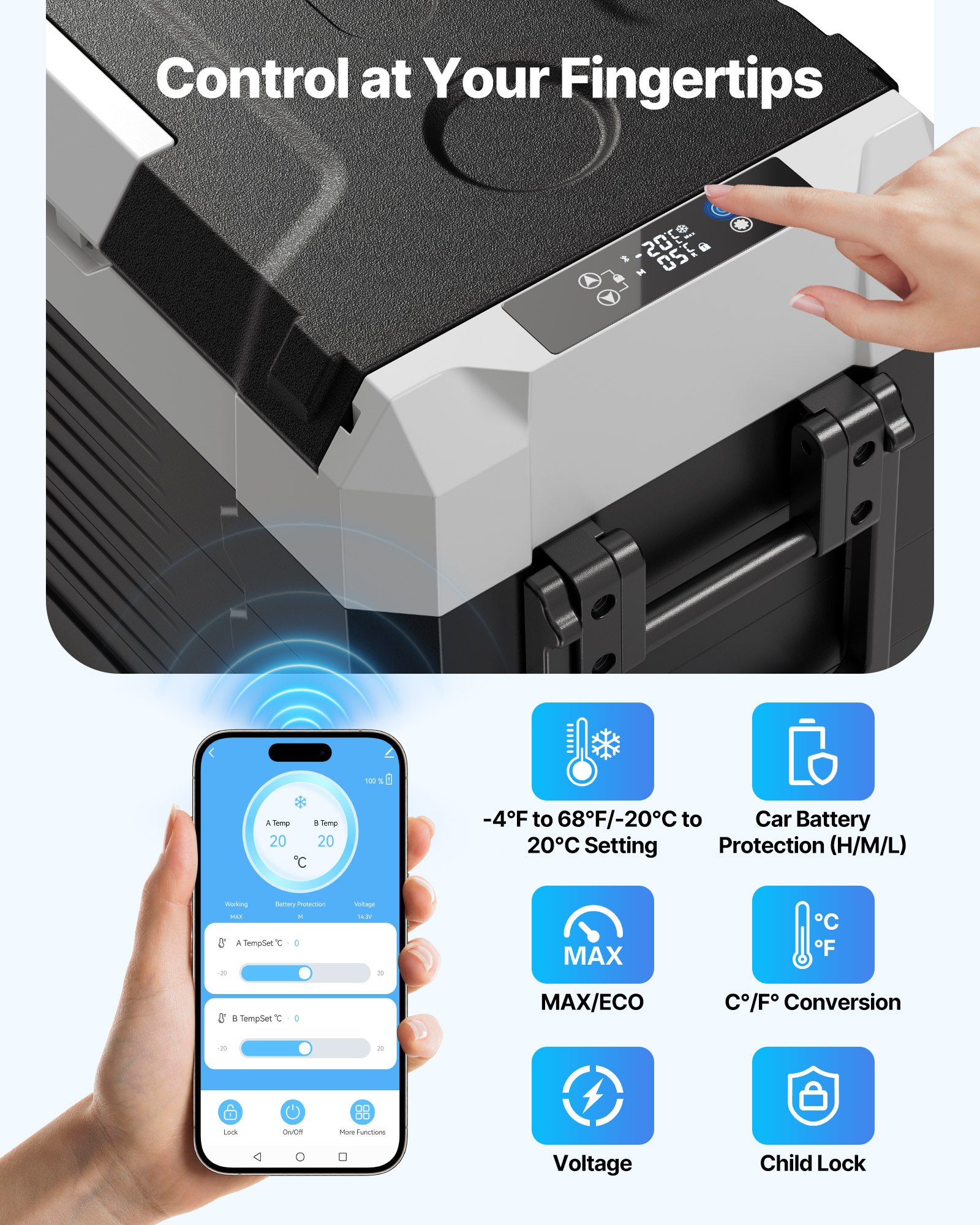 VEVOR Kompressor Kühlbox 12/24 V DC 100–240 V AC, Autokühlschrank 45 L mit App-Steuerung & Rädern & 2 Temperaturzonen (-20 °C bis 20 °C), Tragbarer Kühlschrank für Wohnmobile Boote Camping Angeln