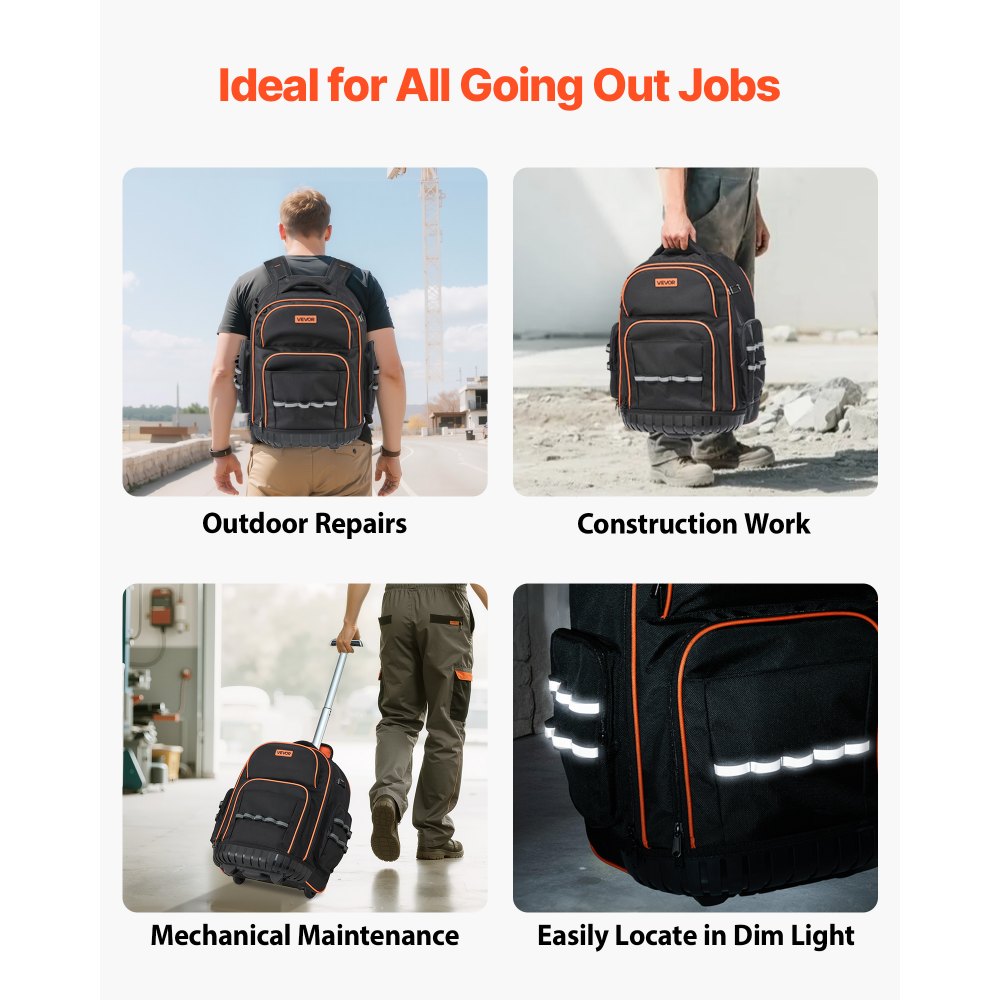 VEVOR Werkzeugrucksack mit Rollen, 50 kg Tragkraft, 45 Taschen, Werkzeugtasche, verstellbarer Teleskopgriff und stabile Basis, Arbeitsrucksack-Organizer für Bau und Mechanik, 440x250x480 mm