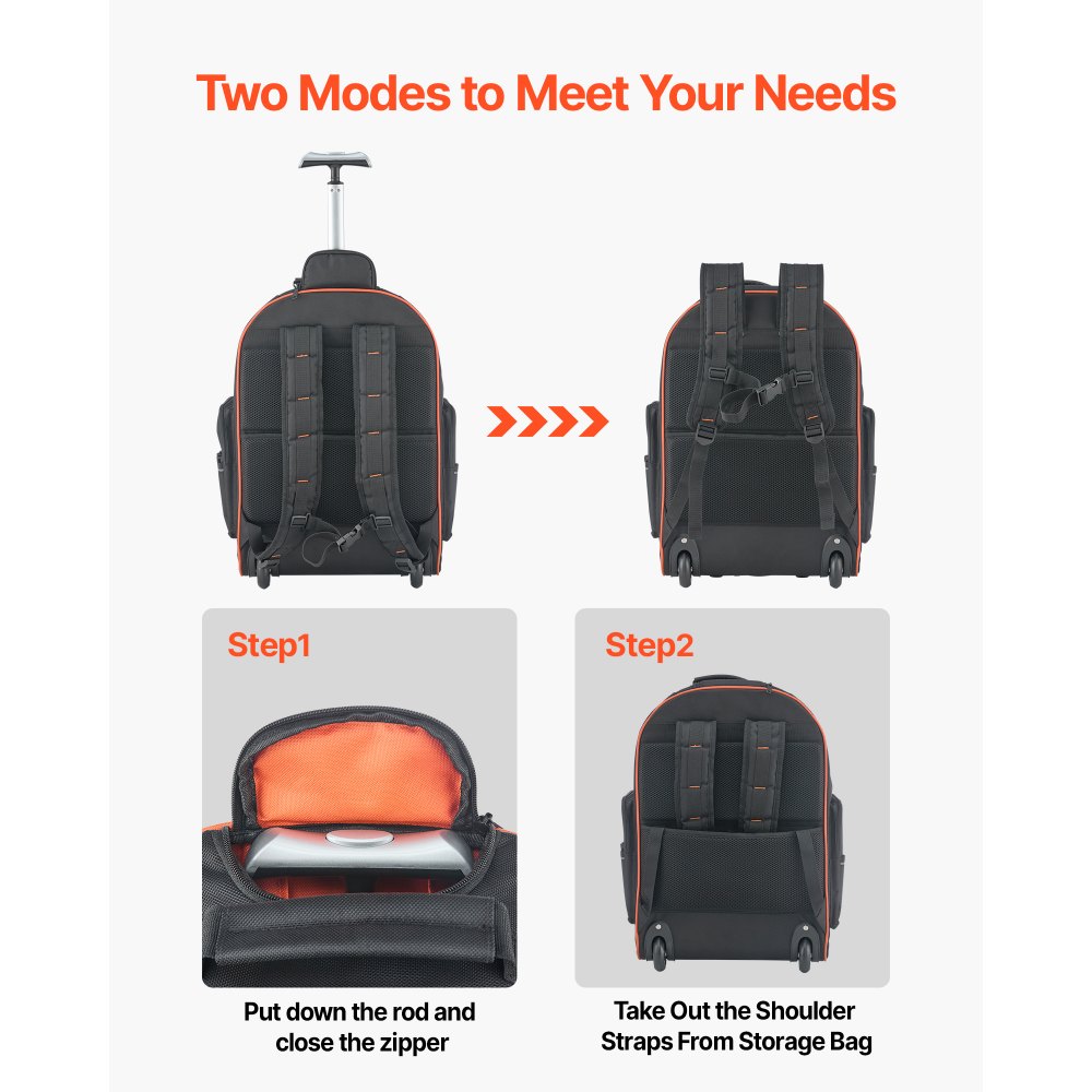 VEVOR Werkzeugrucksack mit Rollen, 50 kg Tragkraft, 72 Taschen, Werkzeugtasche, verstellbarer Teleskopgriff & stabile Basis, Arbeitsrucksack-Organizer für Bau & Mechanik, 450x275x560 mm