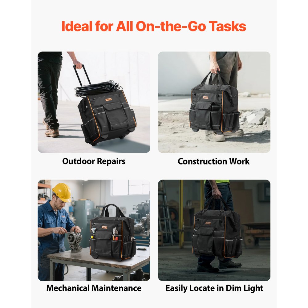 VEVOR Werkzeugtasche mit Rollen, 50 kg Tragkraft, 25 Taschen, Arbeitsrucksack, verstellbarer Teleskopgriff & stabiler Standfuß, Werkzeugtaschen-Organizer für Bau, Mechanik, 390x290x420 mm