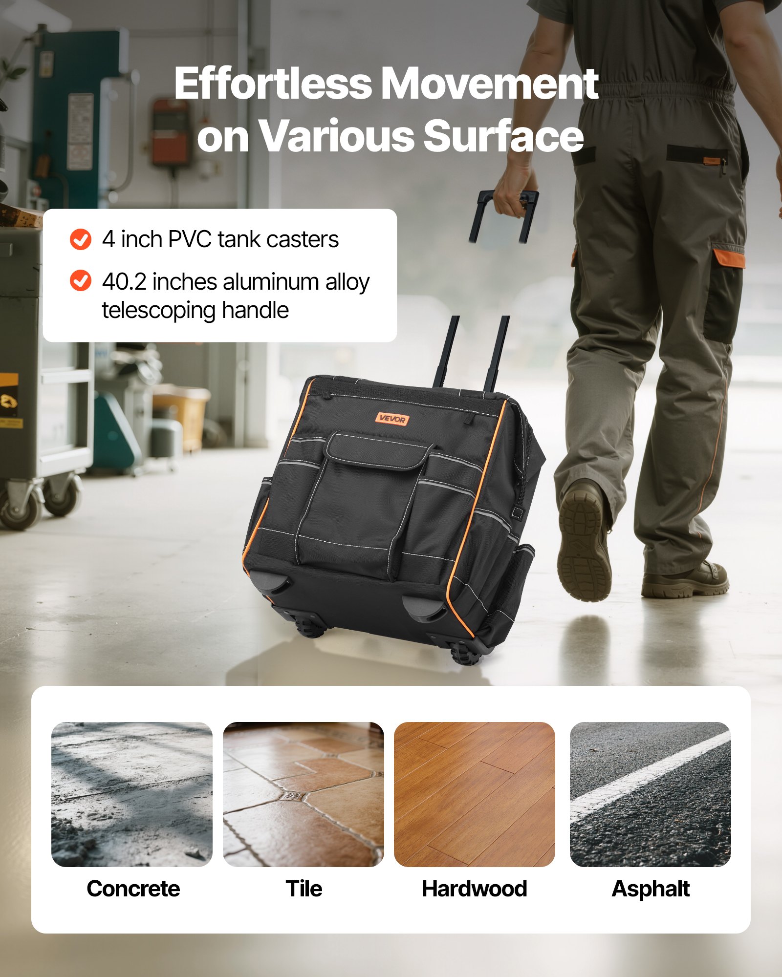 VEVOR Werkzeugtasche mit Rollen, 50 kg Tragkraft, 25 Taschen, Arbeitsrucksack, verstellbarer Teleskopgriff & stabiler Standfuß, Werkzeugtaschen-Organizer für Bau, Mechanik, 390x290x420 mm