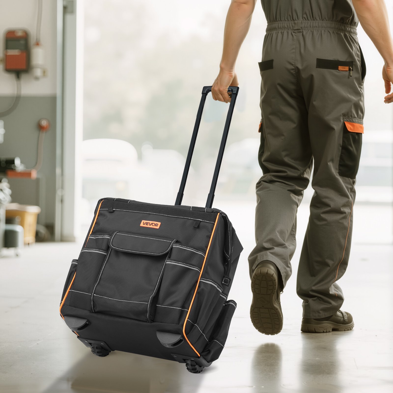 VEVOR Werkzeugtasche mit Rollen, 50 kg Tragkraft, 25 Taschen, Arbeitsrucksack, verstellbarer Teleskopgriff & stabiler Standfuß, Werkzeugtaschen-Organizer für Bau, Mechanik, 390x290x420 mm