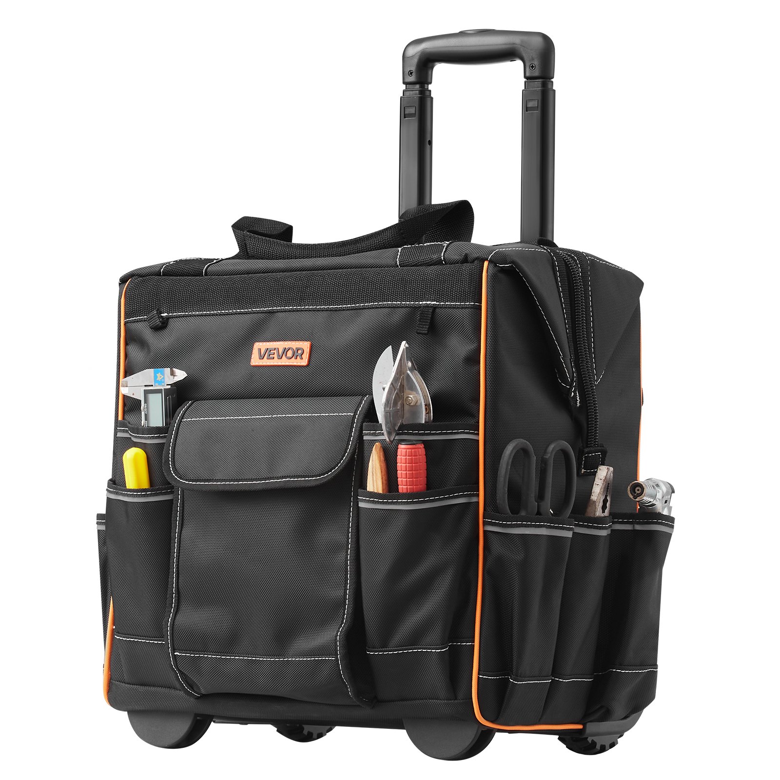 VEVOR Werkzeugtasche mit Rollen, 50 kg Tragkraft, 25 Taschen, Arbeitsrucksack, verstellbarer Teleskopgriff & stabiler Standfuß, Werkzeugtaschen-Organizer für Bau, Mechanik, 390x290x420 mm