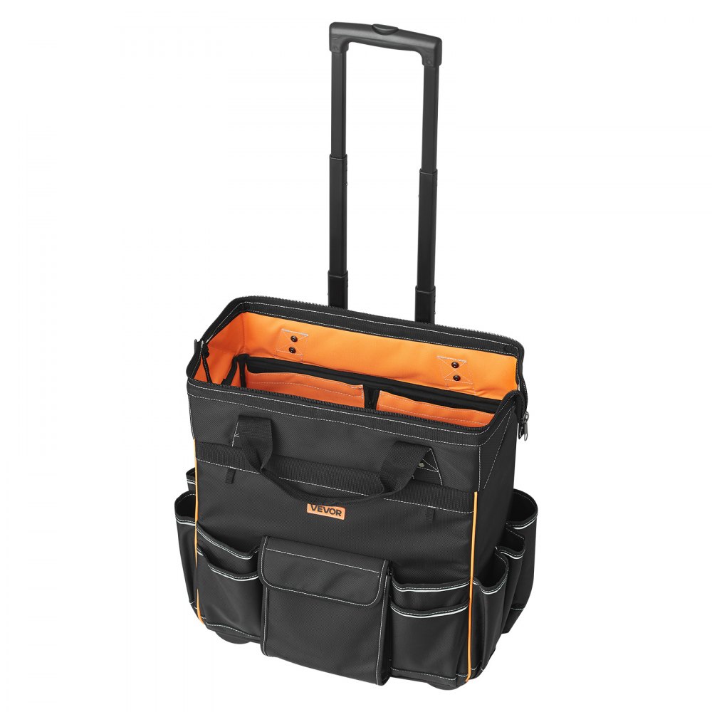 VEVOR Werkzeugtasche mit Rollen, Tragkraft 50 kg, 25 Taschen, Arbeitsrucksack mit verstellbarem Teleskopgriff & stabiler Basis, Werkzeugtaschen-Organizer für Elektriker, Baugewerbe, 460x270x430 mm