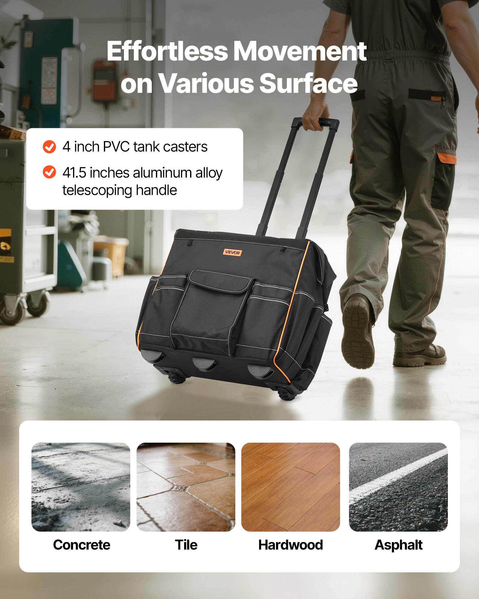 VEVOR Tool Bag with Wheels, 50 kg Load Capacity, 25 Pockets, Work Backpack with Adjustable Telescopic Handle & Stable Base, Tool Bag Organizer for Electricians, Construction Industry, 460x270x430 mm