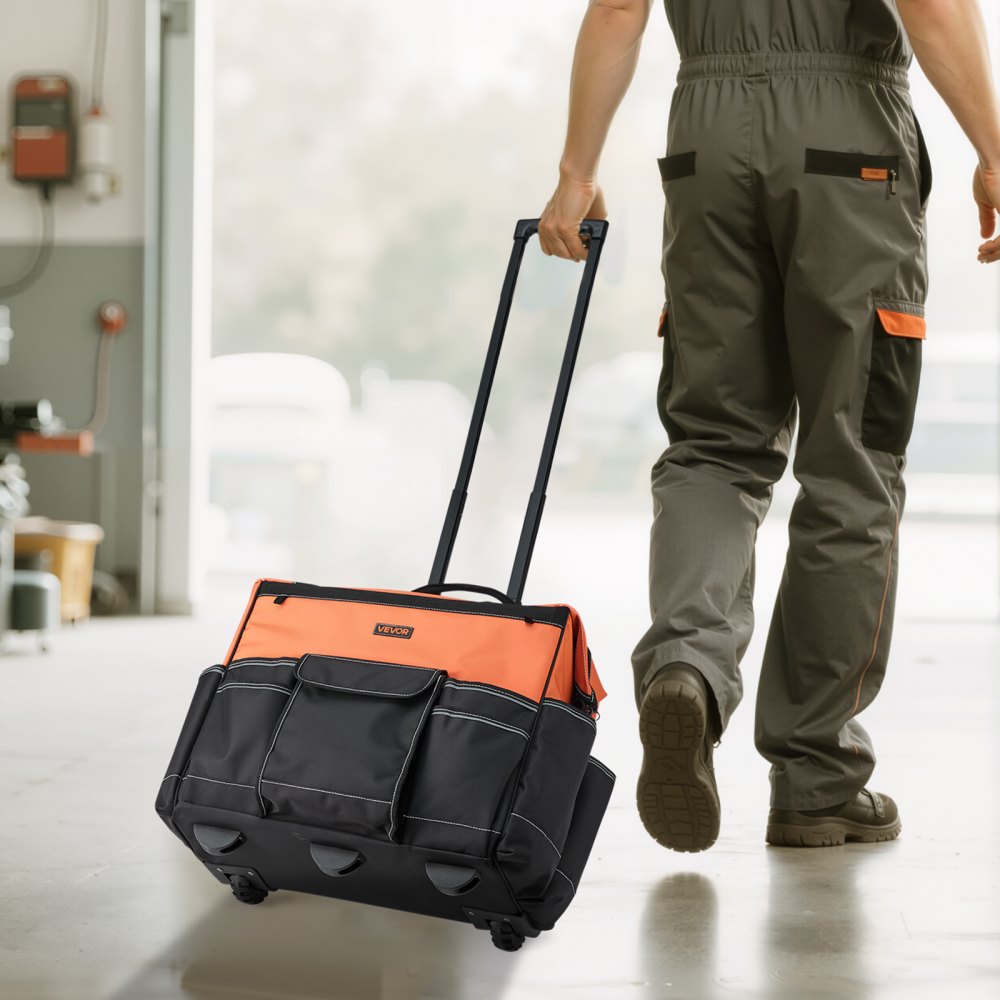 VEVOR Werkzeugtasche mit Rollen, 50 kg Tragkraft, 27 Taschen, Arbeitsrucksack mit verstellbarer Teleskopgriff & stabiler Standfuß, Werkzeugtaschen-Organizer für Bau, Mechanik, 510x310x450 mm