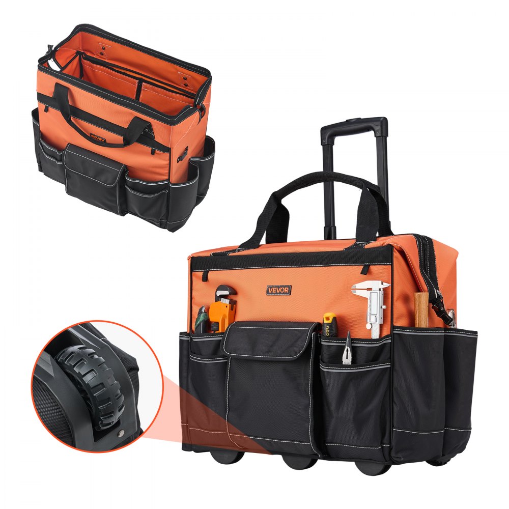 VEVOR Werkzeugtasche mit Rollen, 50 kg Tragkraft, 27 Taschen, Arbeitsrucksack mit verstellbarer Teleskopgriff & stabiler Standfuß, Werkzeugtaschen-Organizer für Bau, Mechanik, 510x310x450 mm