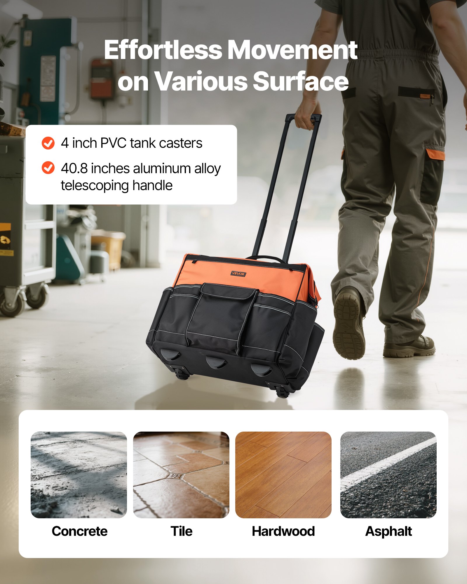 VEVOR Werkzeugtasche mit Rollen, 50 kg Tragkraft, 27 Taschen, Arbeitsrucksack mit verstellbarer Teleskopgriff & stabiler Standfuß, Werkzeugtaschen-Organizer für Bau, Mechanik, 510x310x450 mm