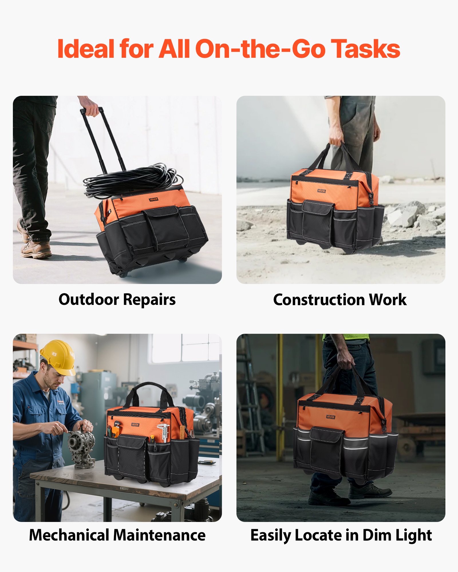 VEVOR Werkzeugtasche mit Rollen, 50 kg Tragkraft, 27 Taschen, Arbeitsrucksack mit verstellbarer Teleskopgriff & stabiler Standfuß, Werkzeugtaschen-Organizer für Bau, Mechanik, 510x310x450 mm