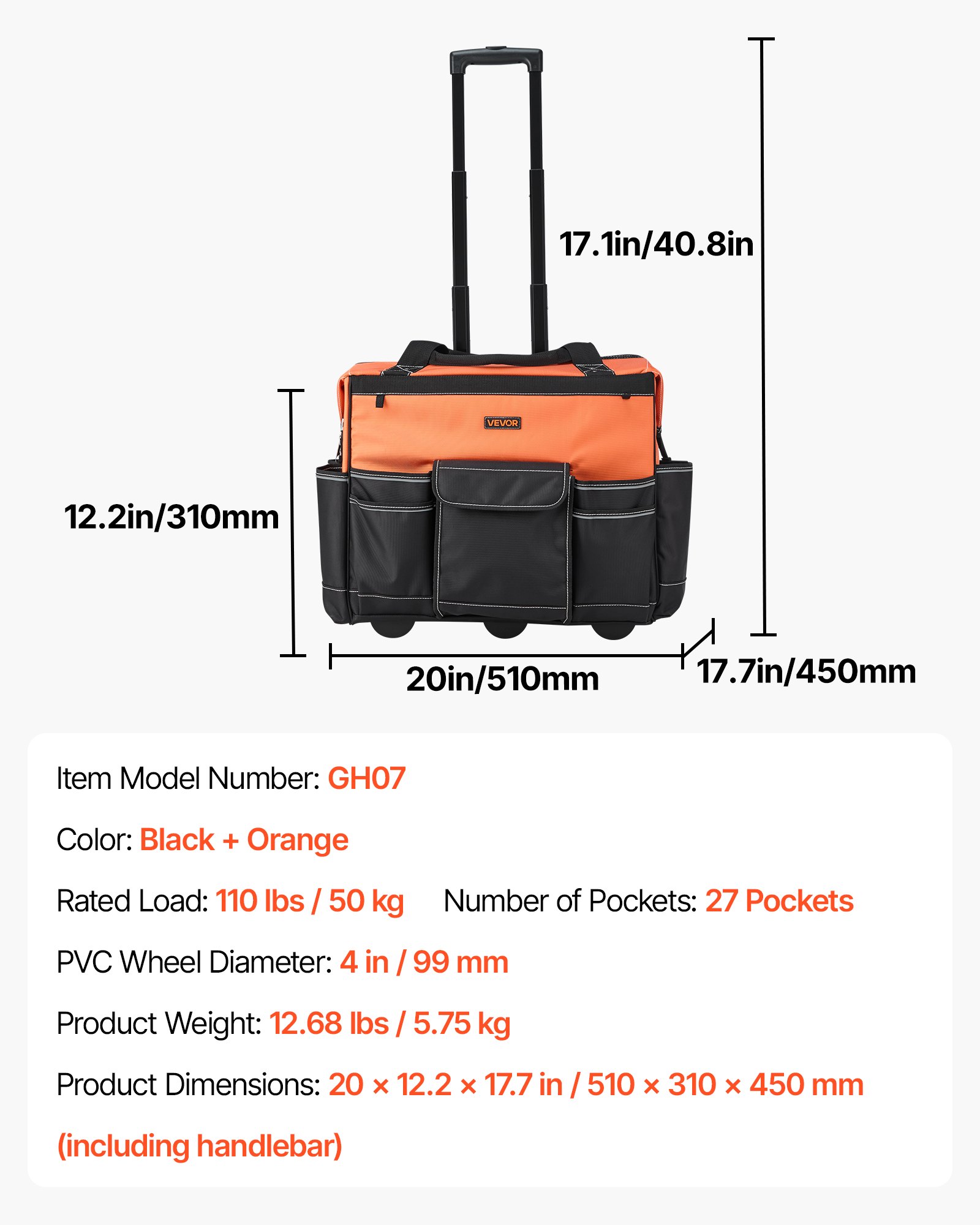 VEVOR Werkzeugtasche mit Rollen, 50 kg Tragkraft, 27 Taschen, Arbeitsrucksack mit verstellbarer Teleskopgriff & stabiler Standfuß, Werkzeugtaschen-Organizer für Bau, Mechanik, 510x310x450 mm