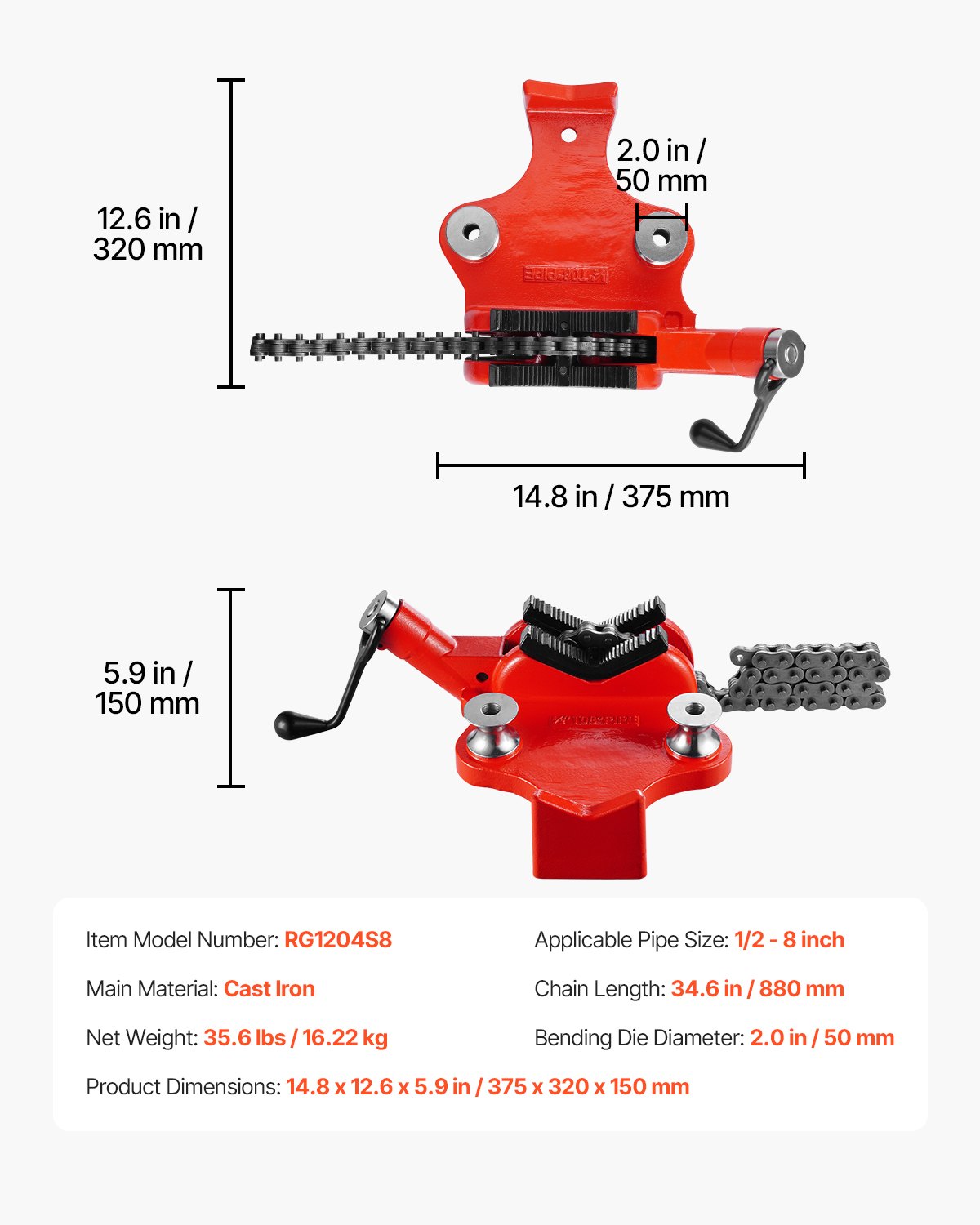 VEVOR Kettenrohrschraubstock, Rohrkapazität 12,7-203,2 mm, robuste 880 mm lange Kette & Gusseisenbasis, Rohrklemmung in Industriequalität für Sanitärinstallationen, Autoreparaturen, Metallverarbeitung