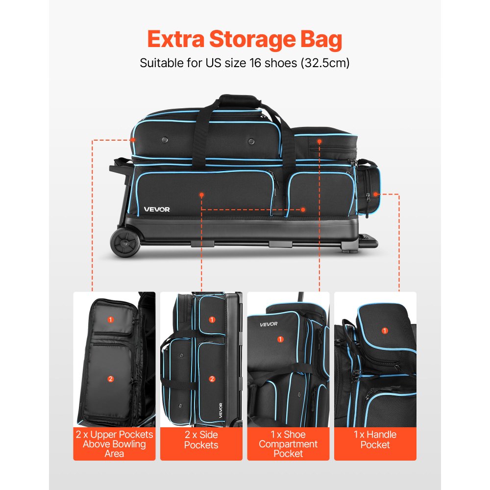 VEVOR Bowlingballtasche für 3 Bälle mit Doppelrollen & separatem Fach für Schuhe (bis US-Größe 16) & übergroßer Zubehörtasche, einziehbarer Griff lässt sich auf 105 cm ausziehen Schwarz + Blau