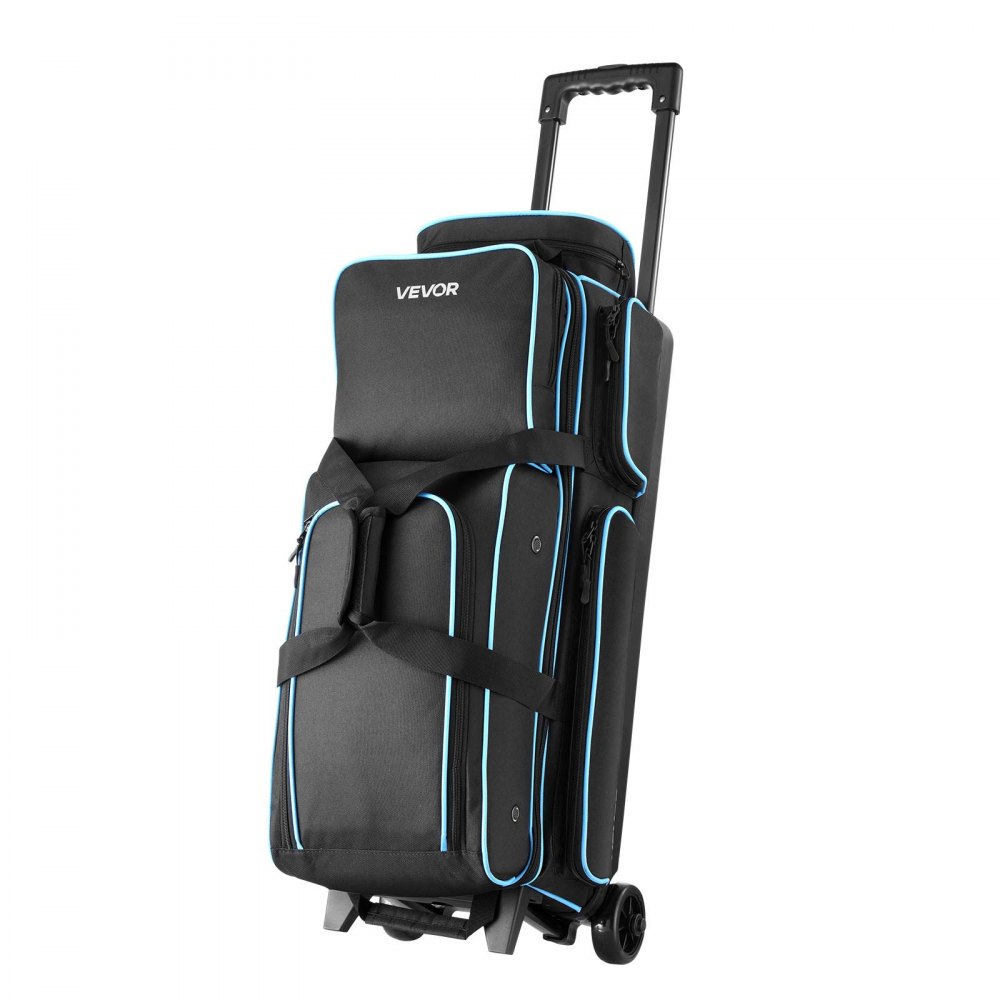 VEVOR Bowlingballtasche für 3 Bälle mit Doppelrollen & separatem Fach für Schuhe (bis US-Größe 16) & übergroßer Zubehörtasche, einziehbarer Griff lässt sich auf 105 cm ausziehen Schwarz + Blau