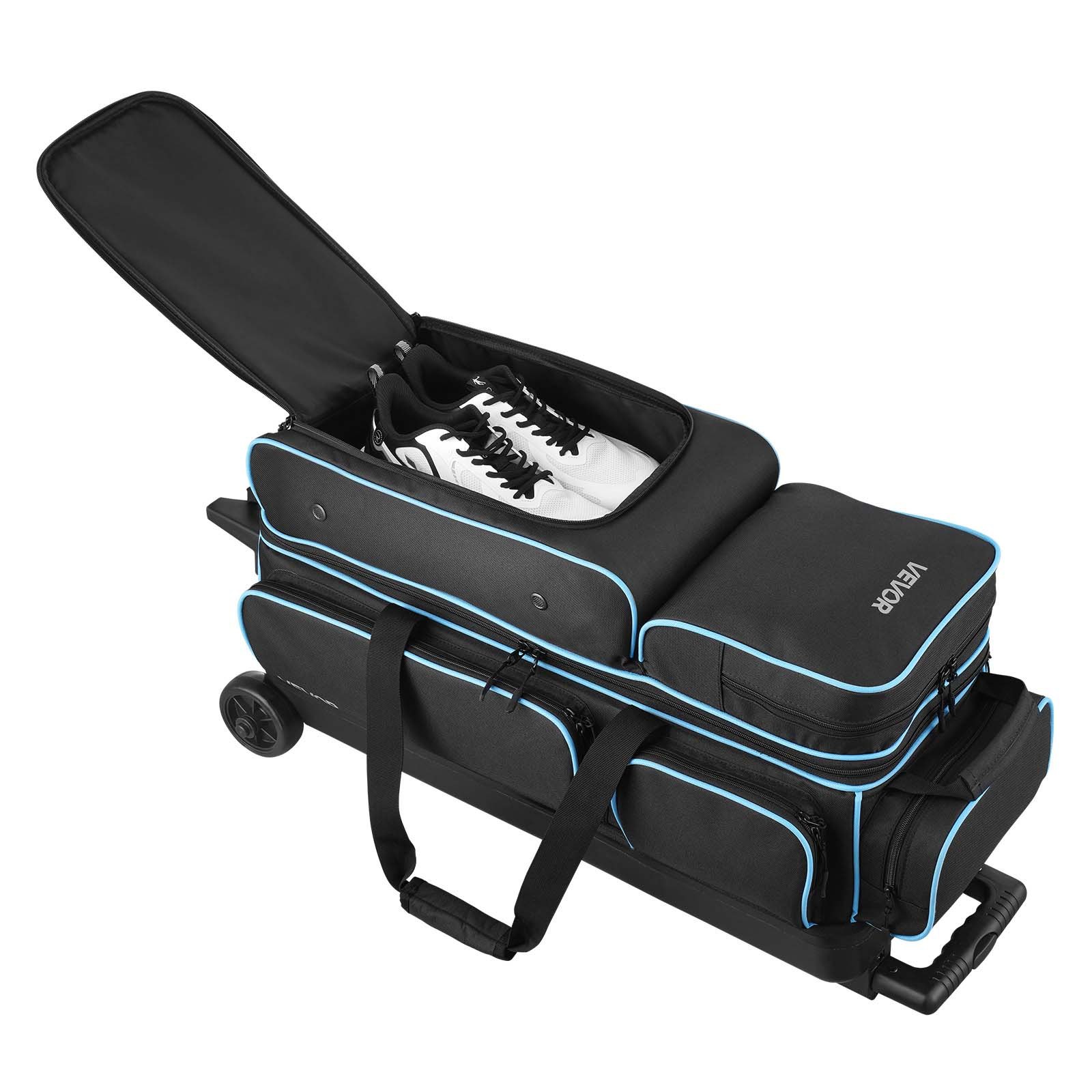 VEVOR Bowlingballtasche für 3 Bälle mit Doppelrollen & separatem Fach für Schuhe (bis US-Größe 16) & übergroßer Zubehörtasche, einziehbarer Griff lässt sich auf 105 cm ausziehen Schwarz + Blau