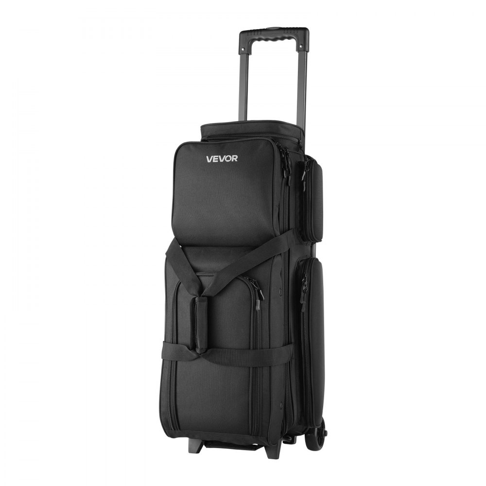 VEVOR Bowlingballtasche für 3 Bälle mit Doppelrollen & separatem Fach für Schuhe (bis US-Größe 16) & übergroßer Zubehörtasche, einziehbarer Griff lässt sich auf 105 cm ausziehen Schwarz
