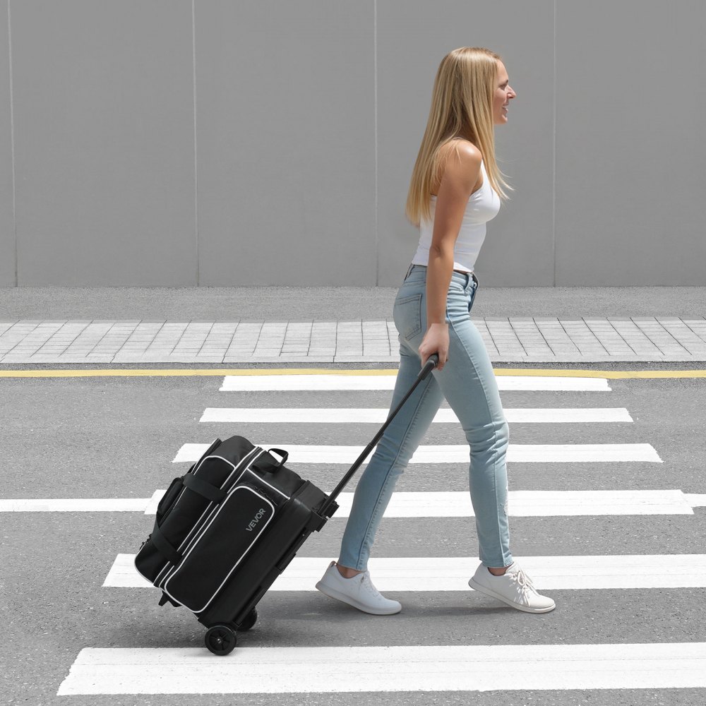 VEVOR Bowlingballtasche für 2 Bälle mit Doppelrollen & separatem Fach für Schuhe (bis US-Größe 16) & übergroßer Zubehörtasche, einziehbarer Griff lässt sich auf 105 cm ausziehen Schwarz + Weiß