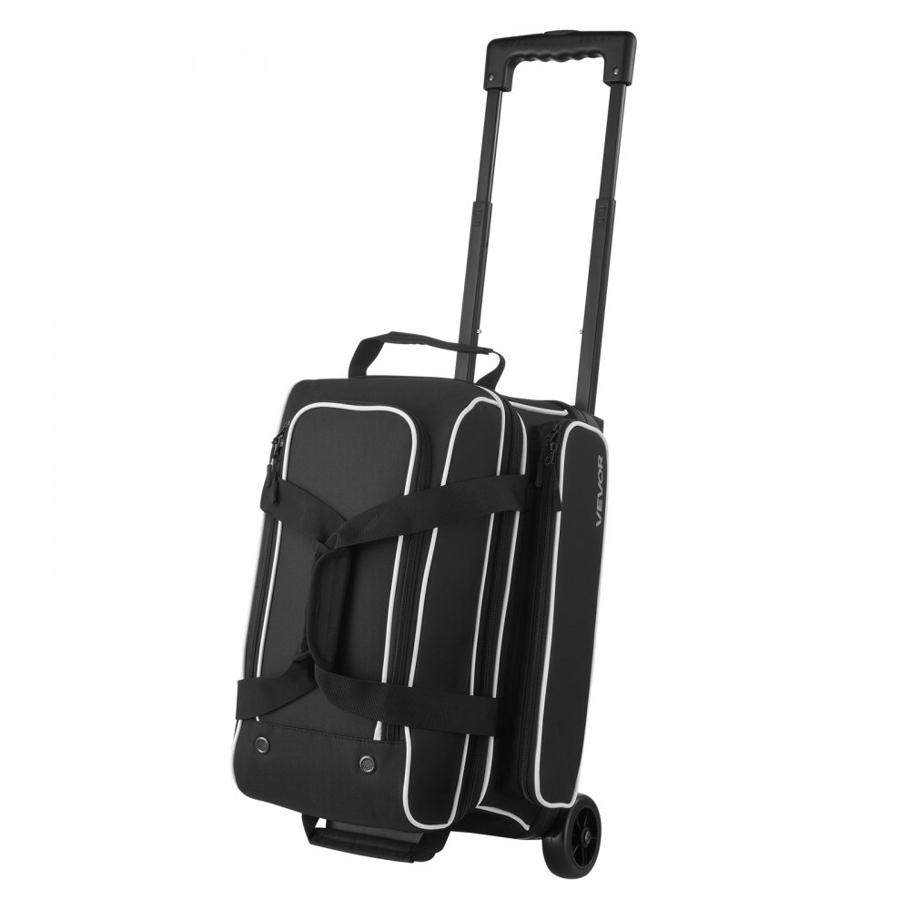 VEVOR Bowlingballtasche für 2 Bälle mit Doppelrollen & separatem Fach für Schuhe (bis US-Größe 16) & übergroßer Zubehörtasche, einziehbarer Griff lässt sich auf 105 cm ausziehen Schwarz + Weiß