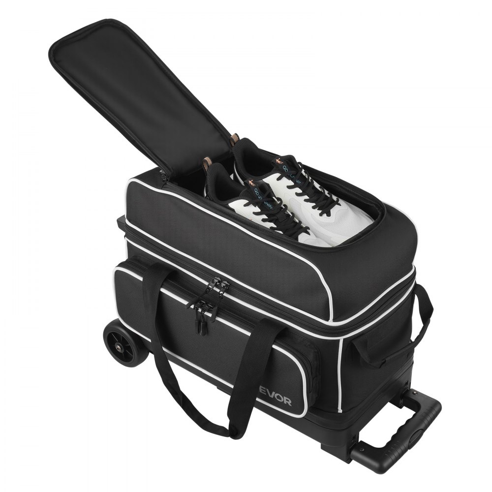 VEVOR Bowlingballtasche für 2 Bälle mit Doppelrollen & separatem Fach für Schuhe (bis US-Größe 16) & übergroßer Zubehörtasche, einziehbarer Griff lässt sich auf 105 cm ausziehen Schwarz + Weiß