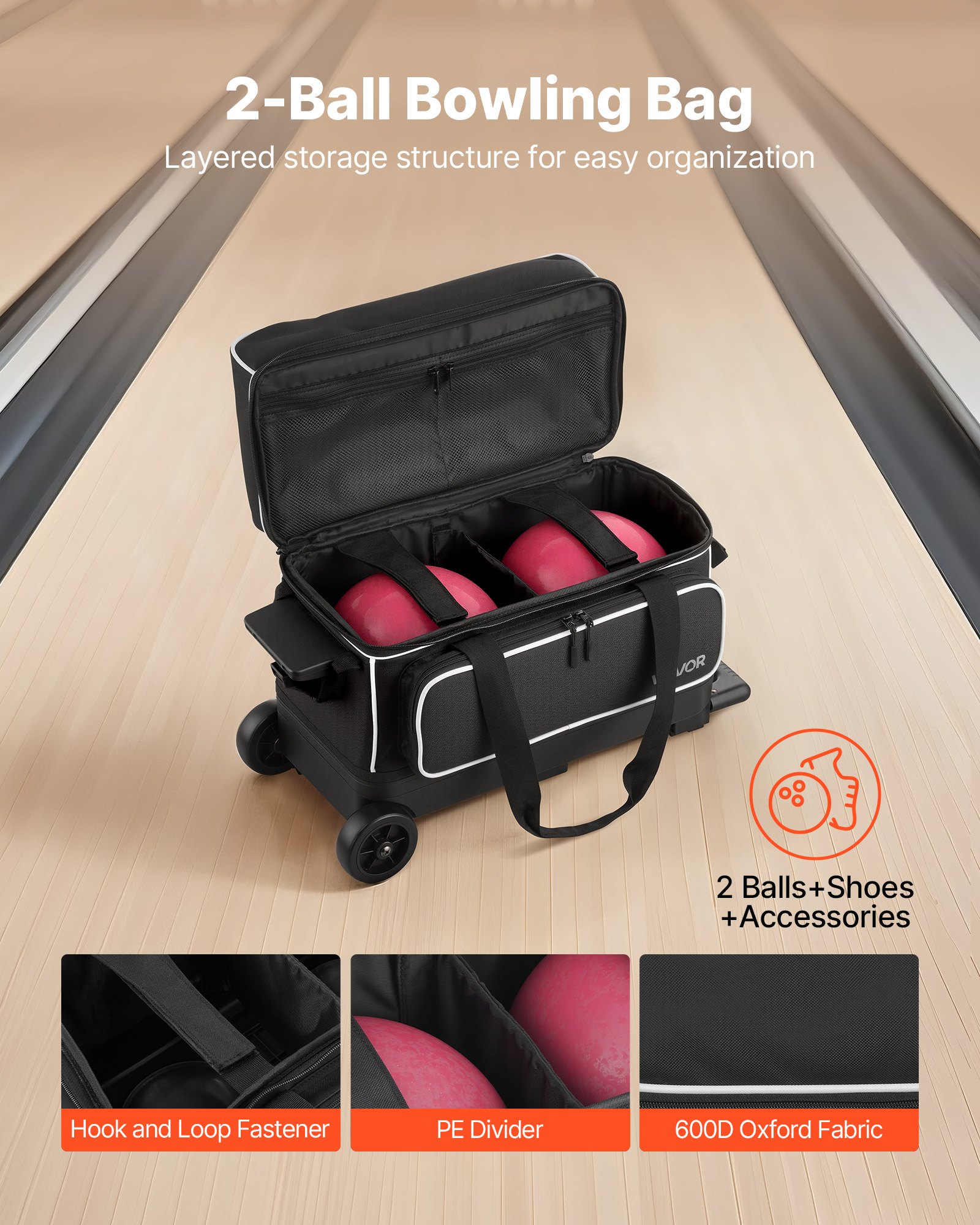VEVOR Bowlingballtasche für 2 Bälle mit Doppelrollen & separatem Fach für Schuhe (bis US-Größe 16) & übergroßer Zubehörtasche, einziehbarer Griff lässt sich auf 105 cm ausziehen Schwarz + Weiß