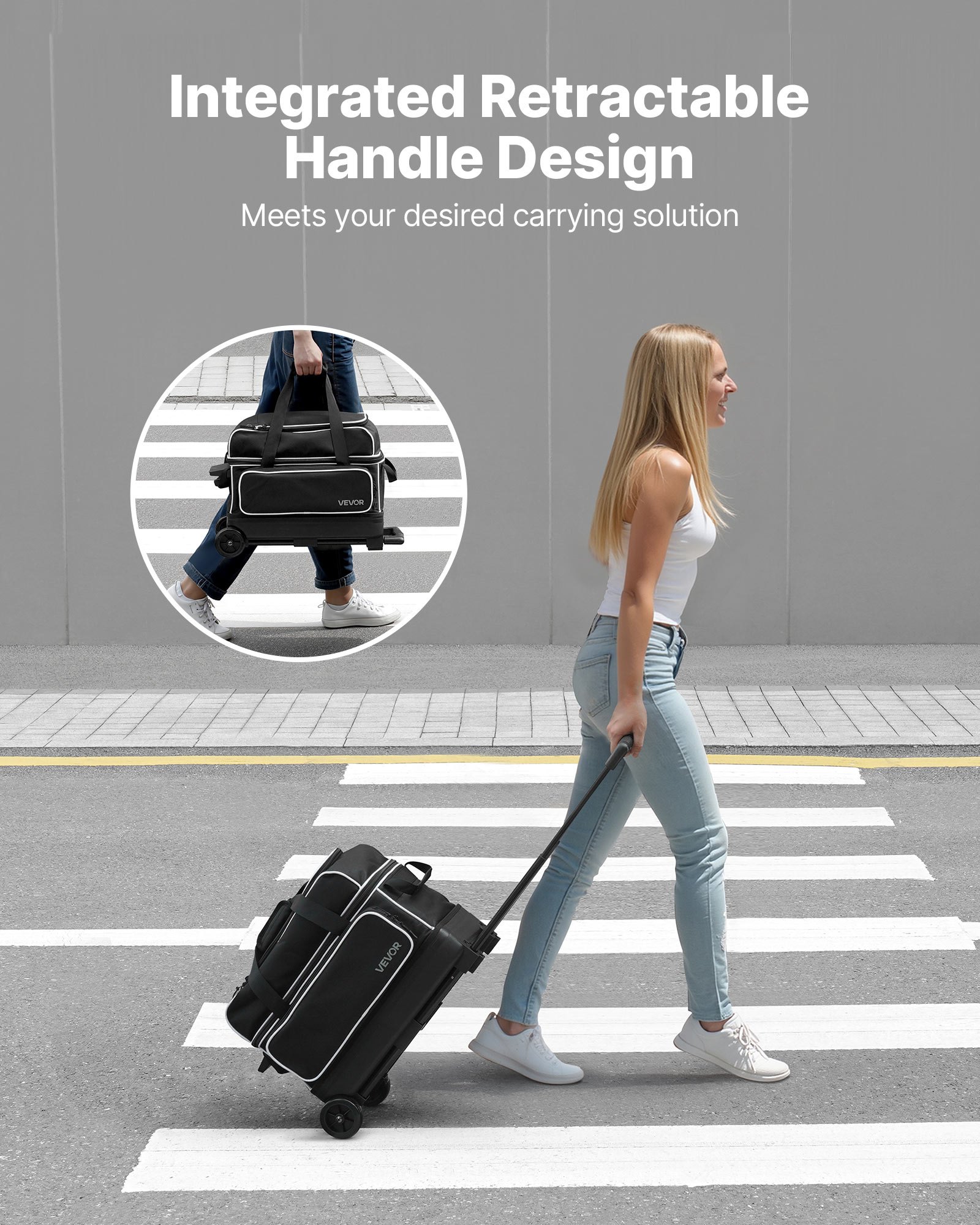 VEVOR Bowlingballtasche für 2 Bälle mit Doppelrollen & separatem Fach für Schuhe (bis US-Größe 16) & übergroßer Zubehörtasche, einziehbarer Griff lässt sich auf 105 cm ausziehen Schwarz + Weiß