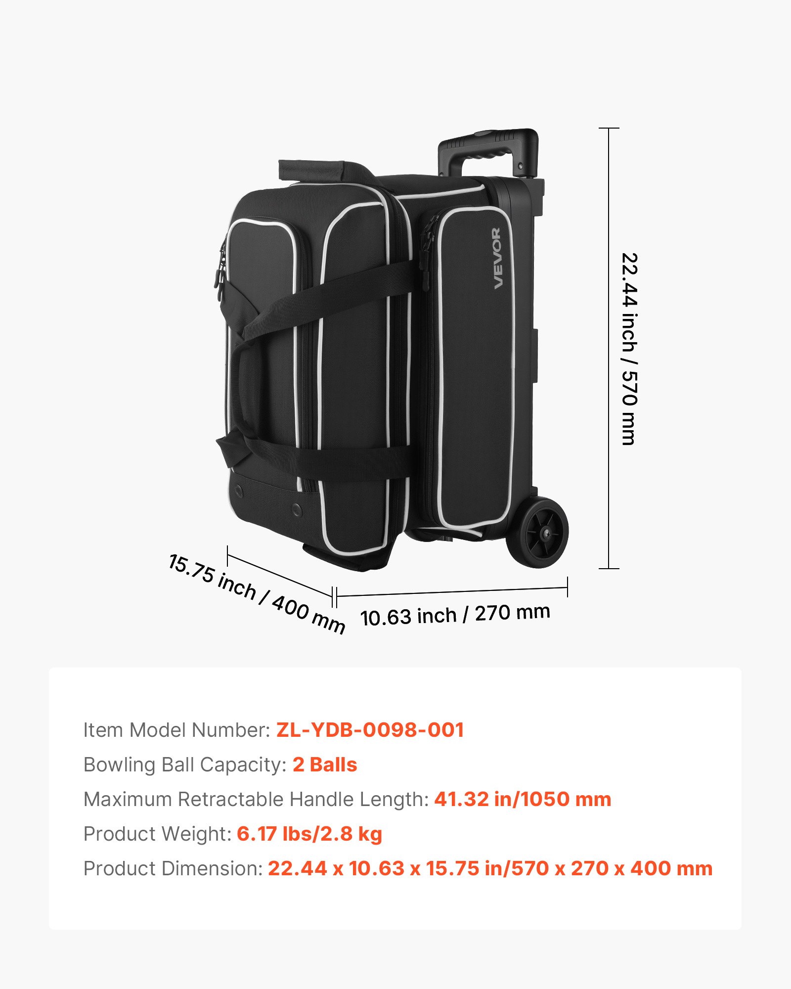 VEVOR Bowlingballtasche für 2 Bälle mit Doppelrollen & separatem Fach für Schuhe (bis US-Größe 16) & übergroßer Zubehörtasche, einziehbarer Griff lässt sich auf 105 cm ausziehen Schwarz + Weiß