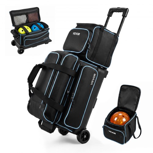 VEVOR 1 Bowlingtasche mit Rollen + 1 Bowlingtasche (Mini) für 2+1 Kugeln aus 600D Oxford Blau Schwarz, für Schuhe bis US-Größe 16, mit Teleskopgriff (bis zu 1016 mm) und Doppellagigen Ablagen