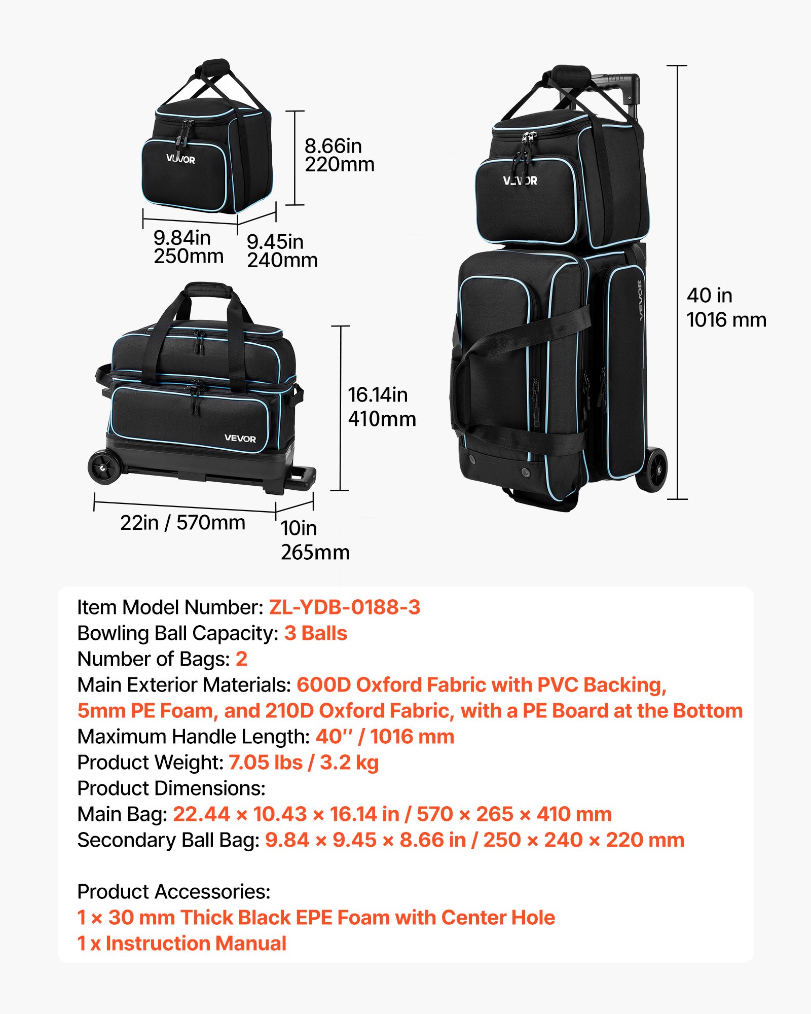VEVOR 1 Bowlingtasche mit Rollen + 1 Bowlingtasche (Mini) für 2+1 Kugeln aus 600D Oxford Blau Schwarz, für Schuhe bis US-Größe 16, mit Teleskopgriff (bis zu 1016 mm) und Doppellagigen Ablagen