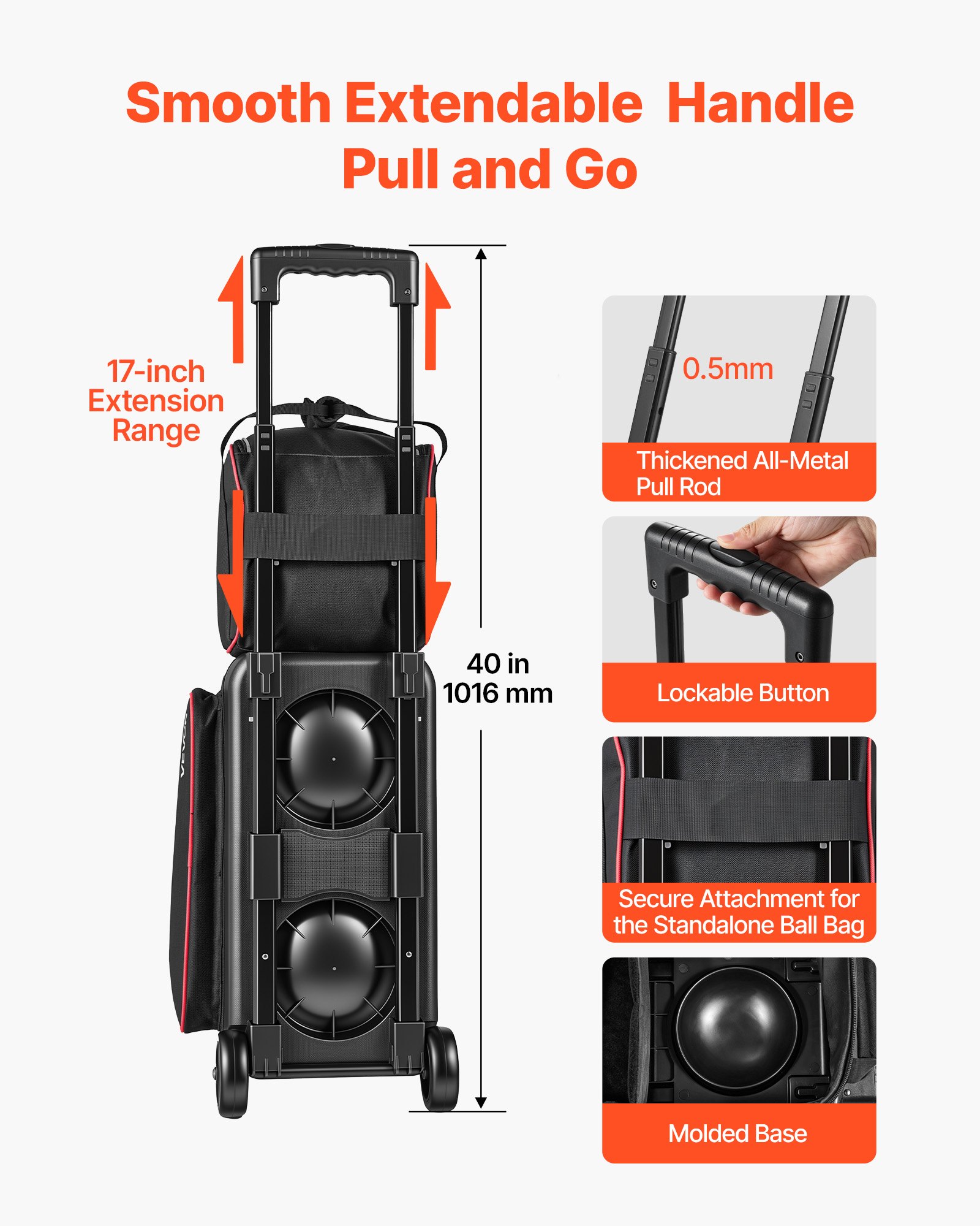 VEVOR 1 Bowlingtasche mit Rollen + 1 Bowlingtasche (Mini) für 2+1 Kugeln 600D Oxford Rot Schwarz, für Schuhe bis US-Größe 16 und Zubehör, mit Teleskopgriff (bis zu 1016 mm) und Doppellagigen Ablagen
