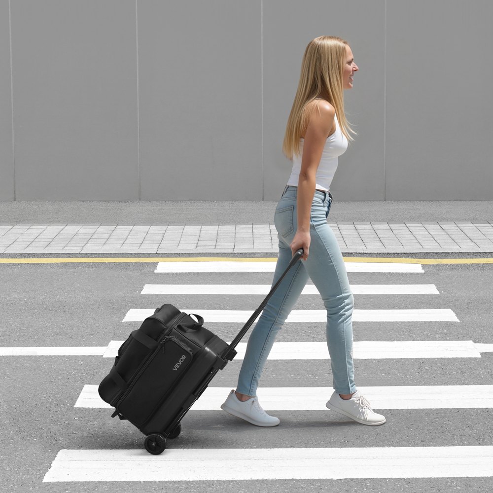 VEVOR Bowlingballtasche für 2 Bälle mit Doppelrollen & separatem Fach für Schuhe (bis US-Größe 16) & übergroßer Zubehörtasche, einziehbarer Griff lässt sich auf 105 cm ausziehen Schwarz