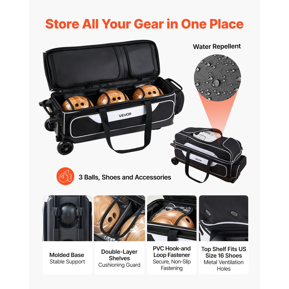VEVOR Bowlingtasche mit Rollen für 3 Kugeln 600D Oxford Schwarz + Weiß, für Schuhe bis US-Größe 16 und Zubehör, mit Teleskopgriff (bis zu 1016 mm), Doppellagigen Ablagen und Verstärkten Nähten