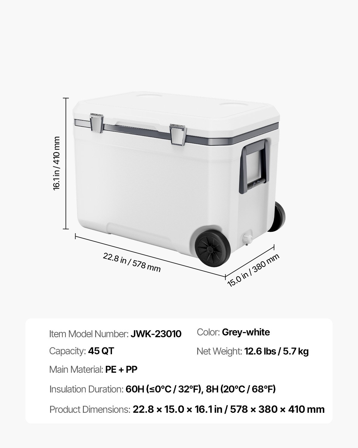 VEVOR tragbare Kühlbox (45 Qt / 64 Dosen) mit Eisspeicherung & robusten Griffen & Getränkehalter, isolierte tragbare Kühlbox aus stabilem Material, geeignet für Familienpicknicks und lange Reisen