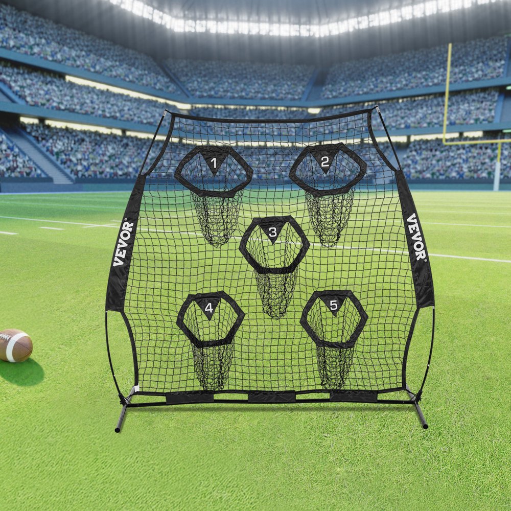 VEVOR Fußballtrainer Wurfnetz Übungsnetz (208 x 91 x 189 cm) mit 5 Zieltaschen & tragbarer Aufbewahrungstasche & Guren & knotenlosem Netz, Training für die Passgenauigkeit des Quarterbacks, schwarz