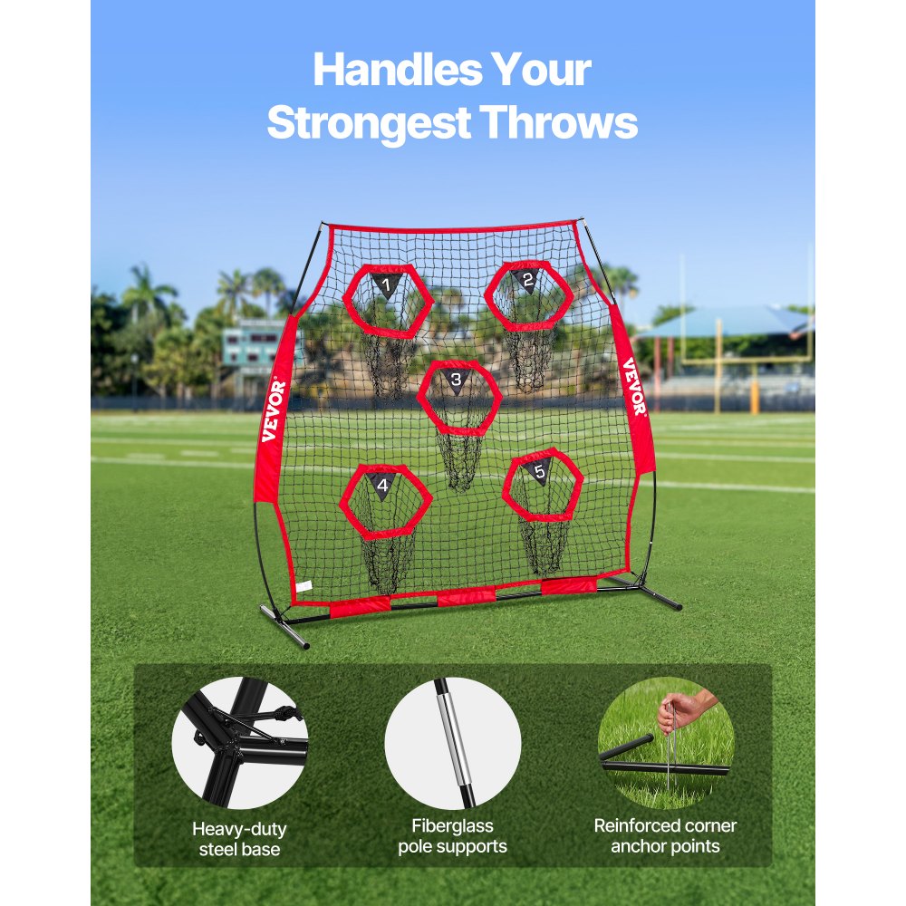 VEVOR 1828.8x1828.8mm Football Trainer Throwing Net, Training Throwing Target Practice Net with 5 Target Pockets, Knotless Net Includes Straps and Portable Carry Case, Improve QB Throwing Accuracy,Red