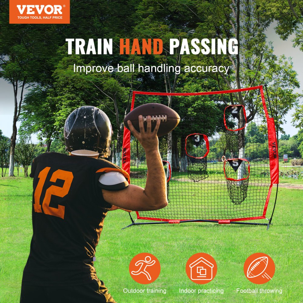 VEVOR 217 x 125,5 x 223 cm Fußballtrainer-Wurfnetz, Trainings-Wurfziel-Übungsnetz mit 5 Zieltaschen, Knotenloses Netz, inkl. Bogenrahmen & Tragbarer Tragetasche, Verbessert die QB-Wurfgenauigkeit