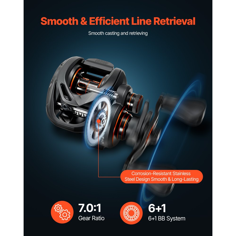 VEVOR Angelrute und Angelrolle (Baitcasting) im Set, 2 m Rute aus Kohlefaser (IM7), Bassangelruten-Set mit 6+1 Kugellagern & Übersetzung 7,0:1 & Korkgriff, linkshändiges Angelset