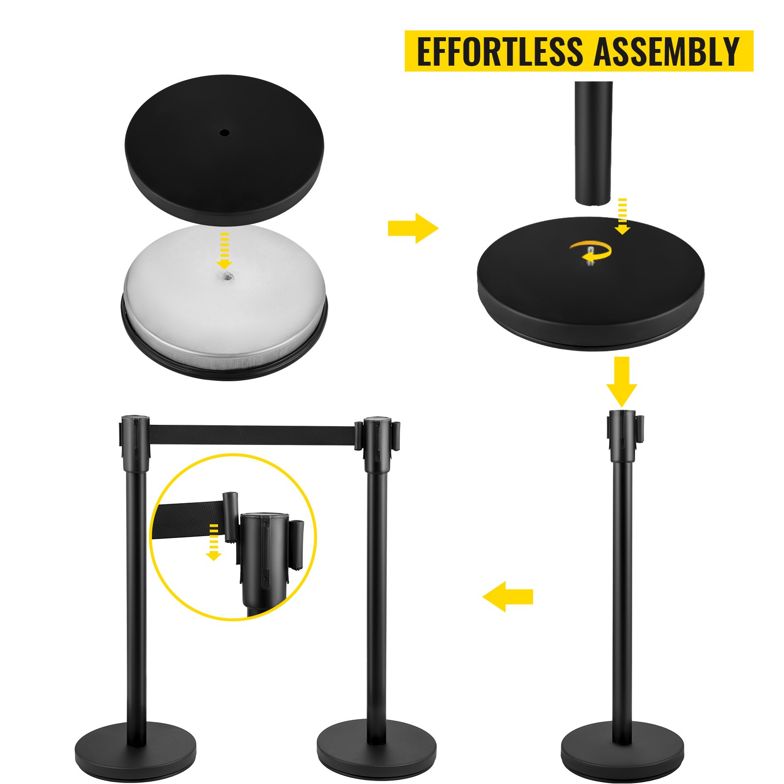 VEVOR Crowd Control Bollard, Plastic Post, Crowd Control System, 8-piece (four pairs), Retractable Belt, Black, with Metal Base for Airports and Exhibition Spaces