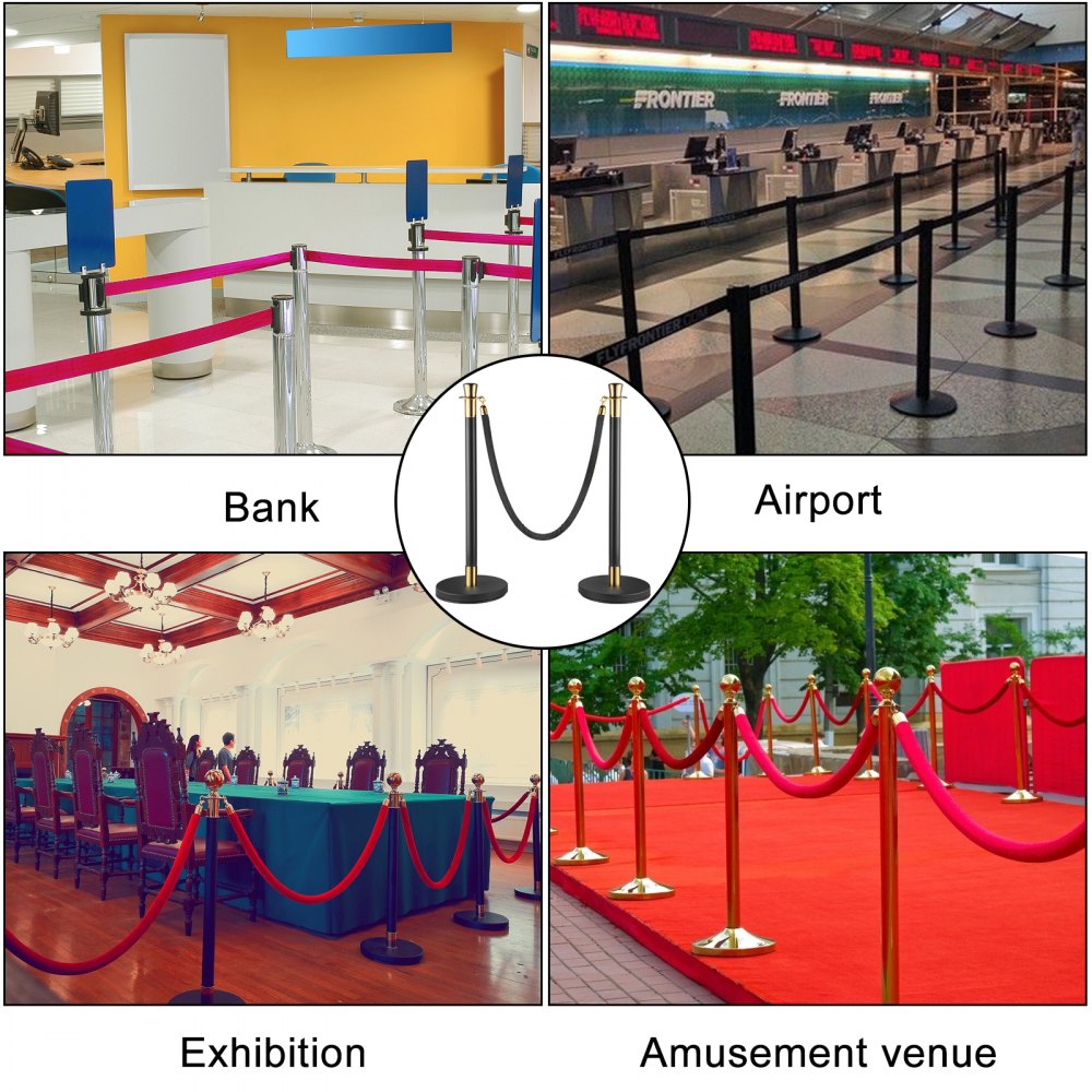 VEVOR 6-piece set, 90 cm high, barrier tapes, crowd control system, barrier posts, 1.5 m rope length, steel barrier posts for banks, airports, stadiums, amusement centers, black.