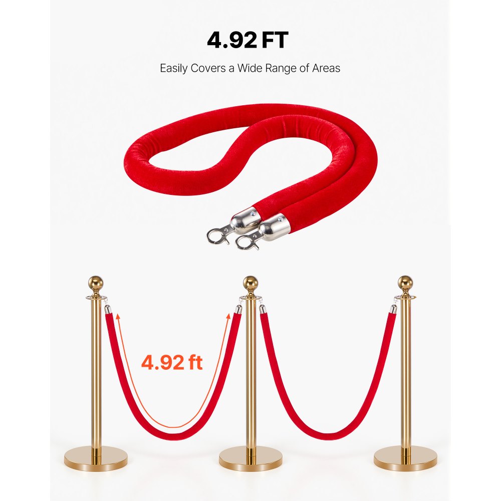 VEVOR 2 Pcs Red Velvet Stanchion Ropes, 1.5 m Crowd Control Stanchion Red Velvet Ropes with Silver Hooks, Post Queue Barrier Carpet Rope for Carpet Events Movie Theaters Grand Openings Hotels Party