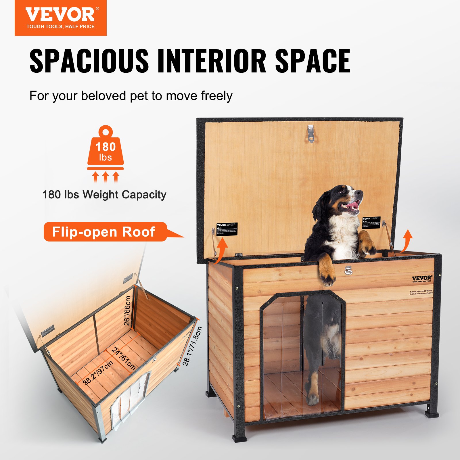 VEVOR Outdoor Dog Kennel, Waterproof Dog House with Raised Floor, Bite-Proof Wooden Dog Cave with Iron Frame for Outdoor Use, Open Roof, for Medium to Large Dogs