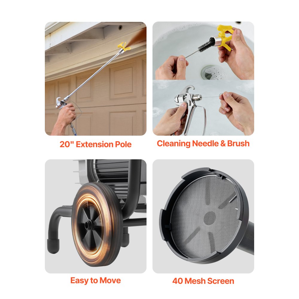 VEVOR Diaphragm Airless Paint Sprayer, 1500 W Efficient Cart Airless Paint Sprayer, 2800 psi High Pressure, with Extension Pole, Cleaning Needle and Brush, for Home Interior and Exterior Spraying