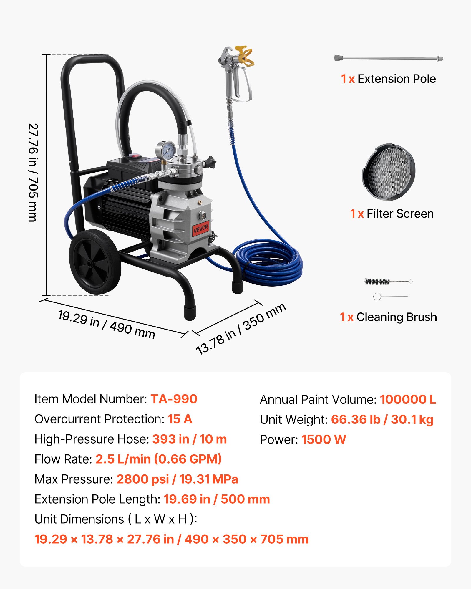 VEVOR Diaphragm Airless Paint Sprayer, 1500 W Efficient Cart Airless Paint Sprayer, 2800 psi High Pressure, with Extension Pole, Cleaning Needle and Brush, for Home Interior and Exterior Spraying