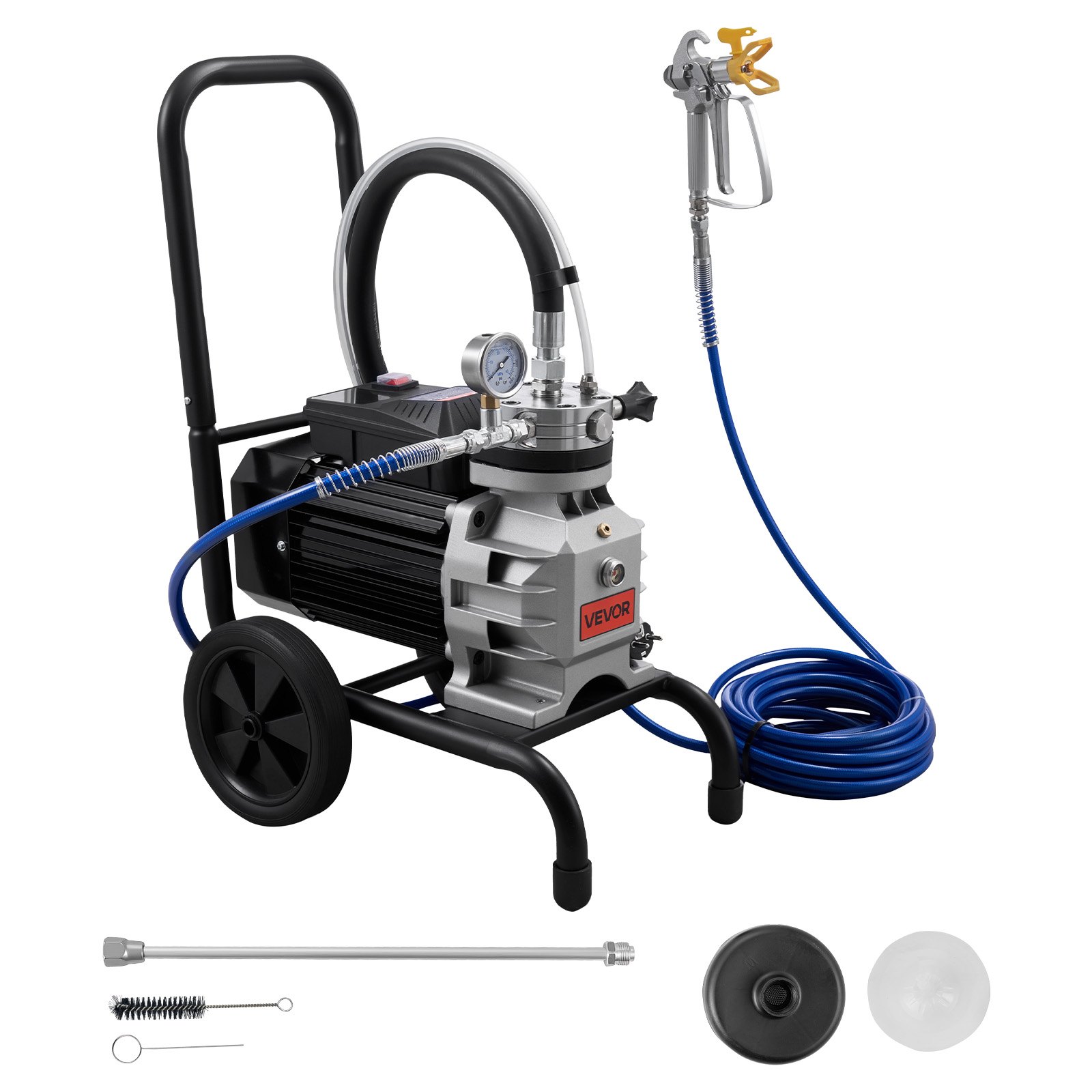 VEVOR Diaphragm Airless Paint Sprayer, 1500 W Efficient Cart Airless Paint Sprayer, 2800 psi High Pressure, with Extension Pole, Cleaning Needle and Brush, for Home Interior and Exterior Spraying