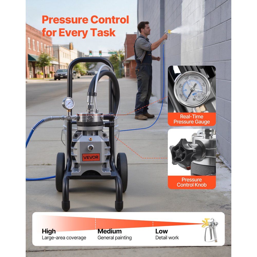 VEVOR Diaphragm Airless Paint Sprayer, 1800 W Efficient Cart Airless Paint Sprayer, 3300 psi High Pressure, with Extension Pole, Cleaning Needle and Brush, for Home Interior and Exterior Spraying