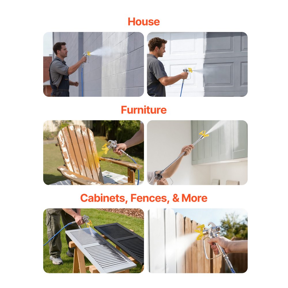 VEVOR Diaphragm Airless Paint Sprayer, 1800 W Efficient Cart Airless Paint Sprayer, 3300 psi High Pressure, with Extension Pole, Cleaning Needle and Brush, for Home Interior and Exterior Spraying