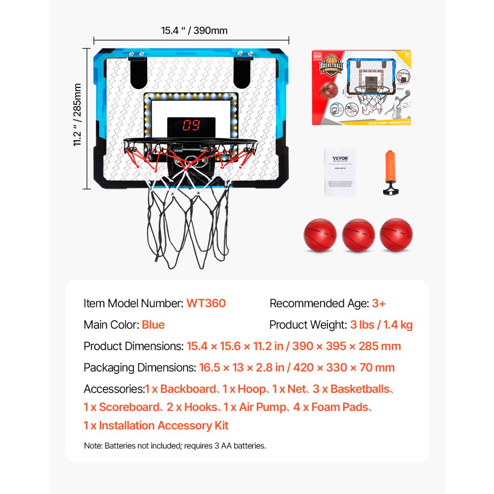 VEVOR Basketballkorb Indoor Set, Mini-Basketballkorb mit elektronischer Anzeigetafel, Punktezähler- und Musikbegleitfunktion, LED-Licht, Ideal für den Innenbereich für Kinder ab 3 Jahren