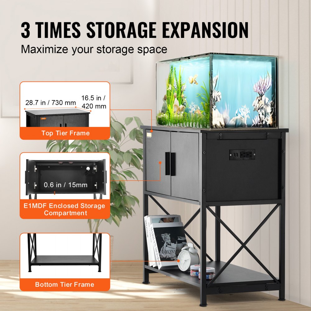 VEVOR Aquarium Stand, 29 Gallon Fish Tank Stand, 730 x 420 x 762 mm Turtle Tank Stand Made of Steel & MDF, 110 kg Load Capacity, Reptile Tank Stand with Storage Cabinet and Embedded Power Supply