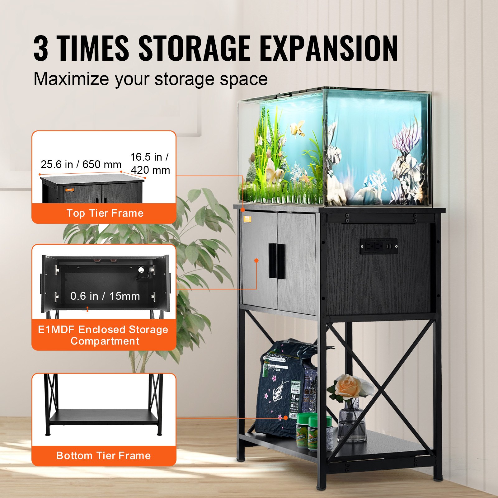 VEVOR Aquariumständer, 20 Gallonen Fischtankständer, 65 x 42 x 81 cm Schildkrötentankständer aus Stahl & MDF, 76 kg Tragkraft, Reptilientankständer mit Lagerschrank und Eingebettetem Netzteil