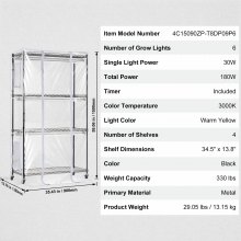 VEVOR Pflanzenständer Pflanzenregal 6xWachstumslichter 4 Ebenen 180W 90x35x150cm