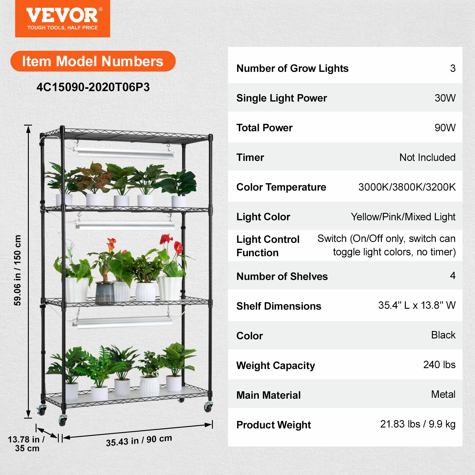 VEVOR Pflanzenständer mit Wachstumslicht, 4 Ebenen, 90 W, Wachstumslichtregal im Innenbereich, Vollspektrumleuchten, verstellbares Pflanzenregal, Wachstumsregal für Gartenpflanzen, 90 x 35 x 150 cm