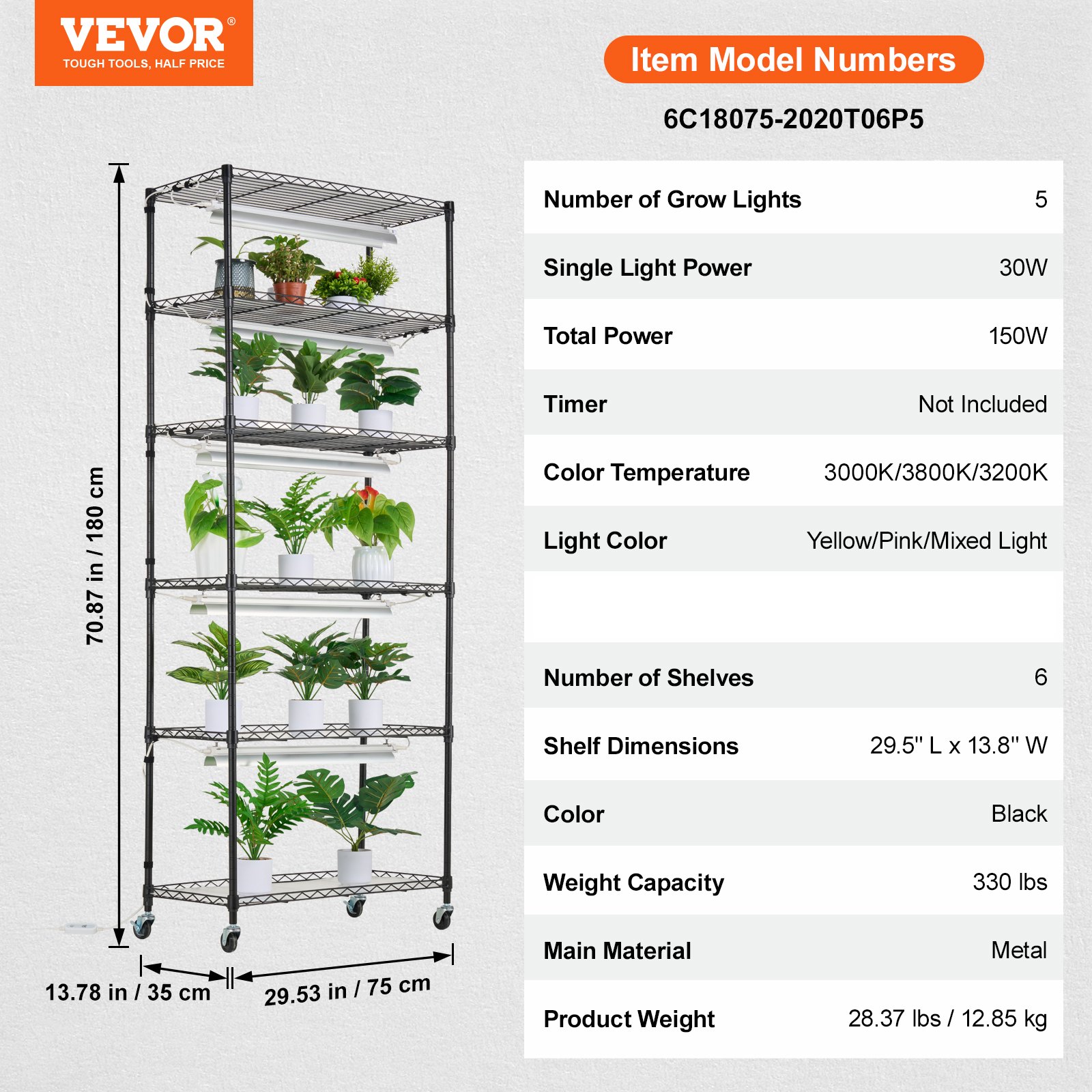 VEVOR Pflanzenständer mit Wachstumslicht, 6 Ebenen, 150 W Pflanzenregal für den Innenbereich, 3 Lichtspektrum-Modi, Pflanzenregal aus Stahl mit Timer, Wachstumsregal für Gartenpflanzen, 75x35x180cm